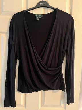 Lauren Ralph Lauren Black Draped Wrap-Front Long Sleeve Top